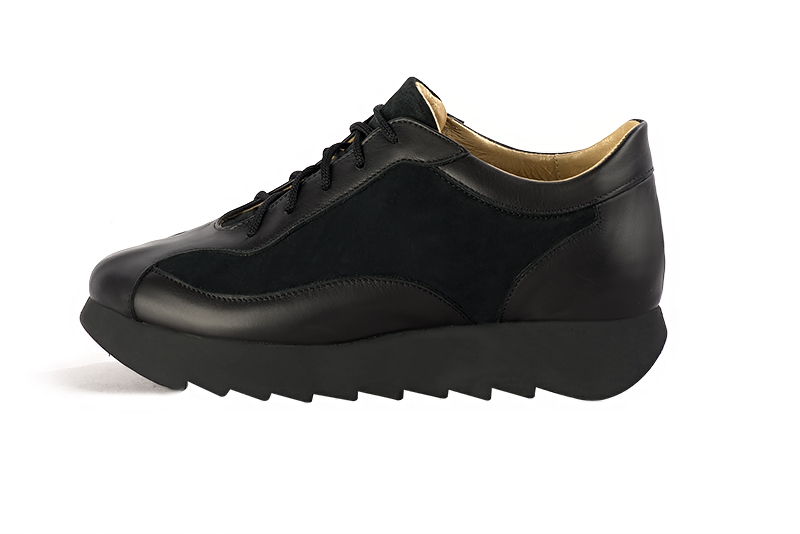 Satin black women's elegant sneakers. Round toe. Low rubber soles. Profile view - Florence KOOIJMAN